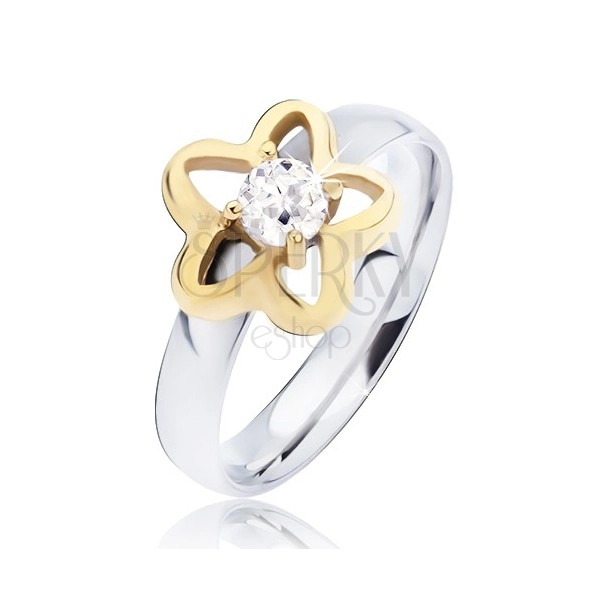 Jeklen prstan, zlata kontura cveta s prozornim okroglim cirkonom