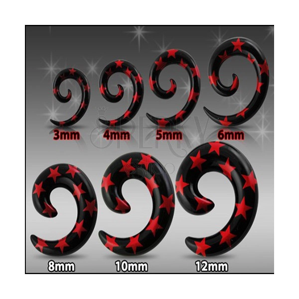 Črn razširjevalnik za uho - spirala z rdečimi zvezdami