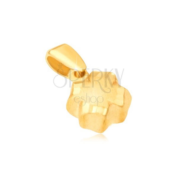 Obesek iz rumenega 14K zlata - 3D štiriperesna deteljica, satenasta površina, rob z vdolbinami