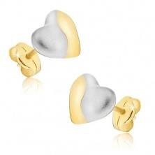 Zlati uhani - simetrični srci v dveh odtenkih, zaponka v obliki čepka