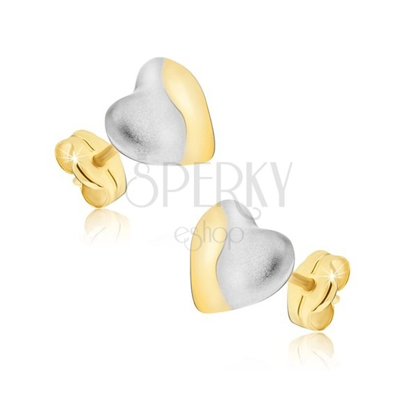 Zlati uhani - simetrični srci v dveh odtenkih, zaponka v obliki čepka