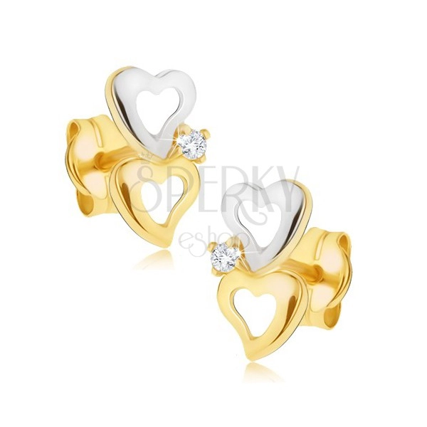 Zlati uhani v dveh odtenkih - konturi nepravilno oblikovanih src, majhen cirkon