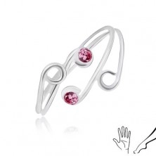 Srebrn prstan za roko ali nogo, razcepljena kraka z rožnatima cirkonoma