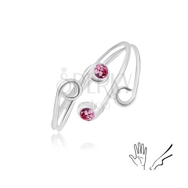Srebrn prstan za roko ali nogo, razcepljena kraka z rožnatima cirkonoma