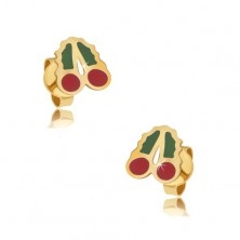 Zlati uhani s čepki - glazirane rdeče-zelene češnje