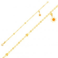Zapestnica iz rumenega 9K zlata - verižica, glazirana roža, bleščeče kroglice