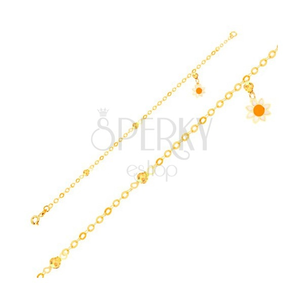 Zapestnica iz rumenega 9K zlata - verižica, glazirana roža, bleščeče kroglice