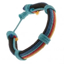 Usnjena zapestnica - črn pašček, večbarvne vrvice, modra vrvica