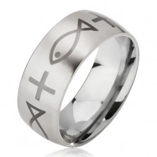 Mat jeklen prstan - srebrn obroček, vtisnjena križ in riba