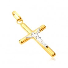 Obesek iz 14K zlata - sijoč latinski križ, križan Kristus v belem zlatu