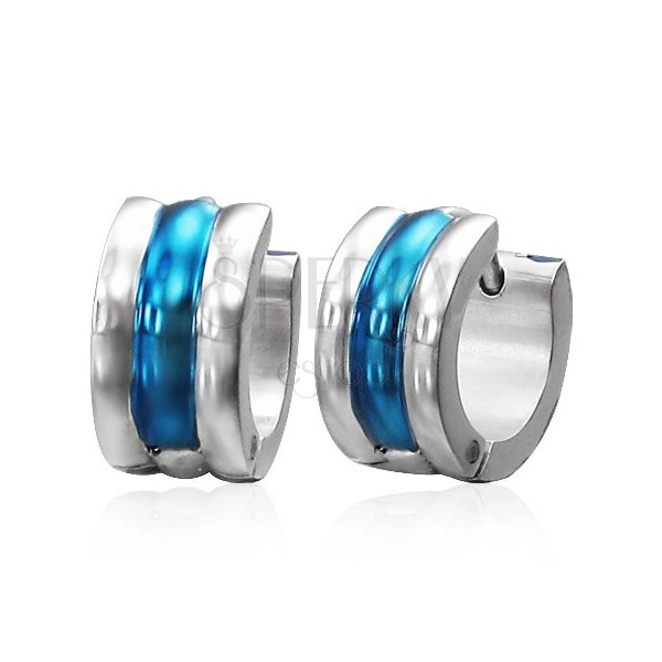 Obročasti jekleni uhani - pasovi v srebrni in modri barvi