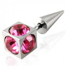 Imitacija piercinga v srebrni barvi - kocka s okroglimi, rožnatimi cirkoni, kratka konica