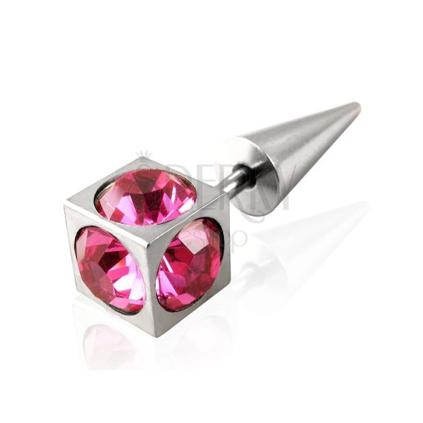 Imitacija piercinga v srebrni barvi - kocka s okroglimi, rožnatimi cirkoni, kratka konica