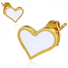 Zlati uhani iz jekla - belo asimetrično srce