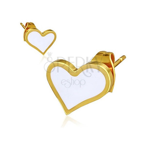 Zlati uhani iz jekla - belo asimetrično srce