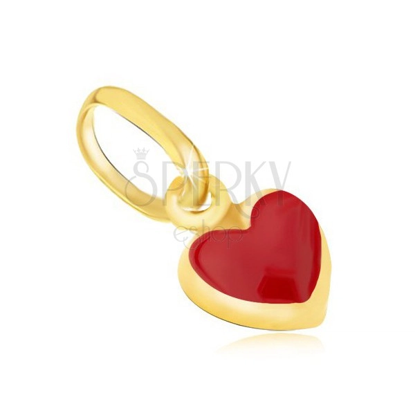 Svetleč zlat obesek - majhno ploščato rdeče srce, emajl