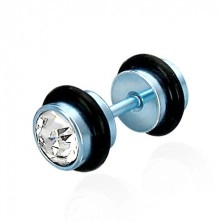 Imitacija piercinga v modri barvi - prozorni brušeni cirkoni, črn gumjast obroček.
