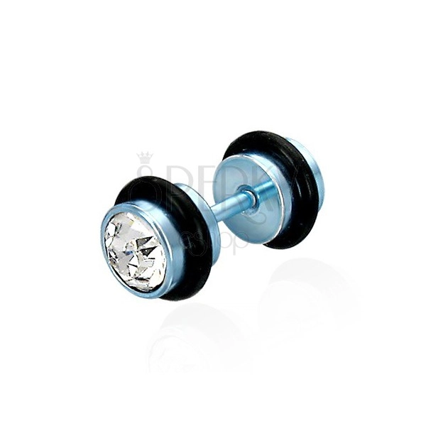 Imitacija piercinga v modri barvi - prozorni brušeni cirkoni, črn gumjast obroček.