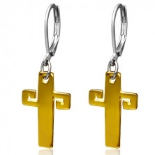 Jekleni uhani zlate barve, križ z grškim vzorcem
