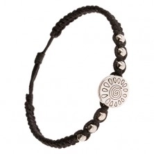 Črna pletena zapestnica, ploščica s spiralo in solzicami, sijoče perlice