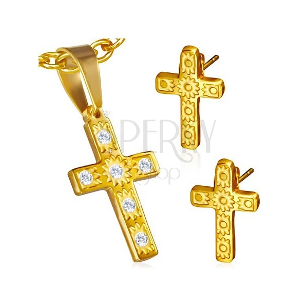 Jeklen komplet zlate barve - obesek in uhani, križ, prozorni kamenčki