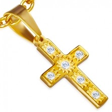 Jeklen komplet zlate barve - obesek in uhani, križ, prozorni kamenčki