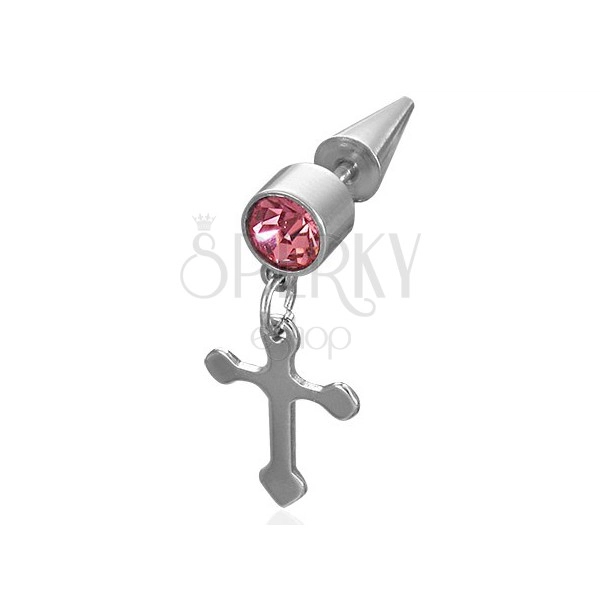 Imitacija piercinga z obeskom v obliki križa in roza cirkonom