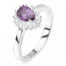 Srebrn prstan - vijoličen kamen z obliko solze, obroba iz cirkonov