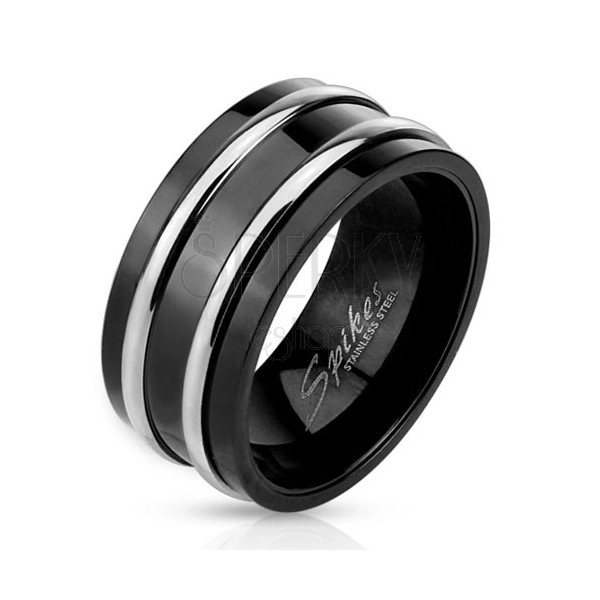 Jeklen prstan črne barve - dva bleščeča tanka obroča srebrne barve