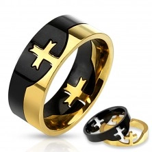 Črno-zlat dvodelen prstan iz nerjavečega jekla, križ
