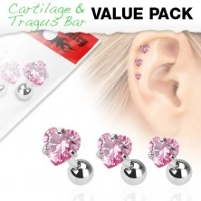 Komplet treh jeklenih piercingov za uho, rožnato cirkonsko srce
