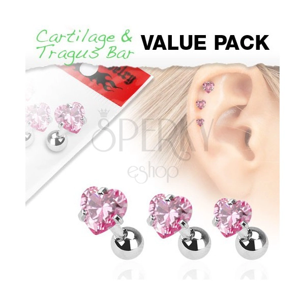 Komplet treh jeklenih piercingov za uho, rožnato cirkonsko srce