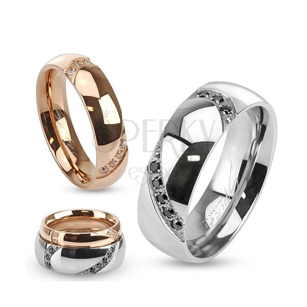 Poročni prstan iz jekla, dve zaobljeni vdolbini z vdelanimi kamenčki