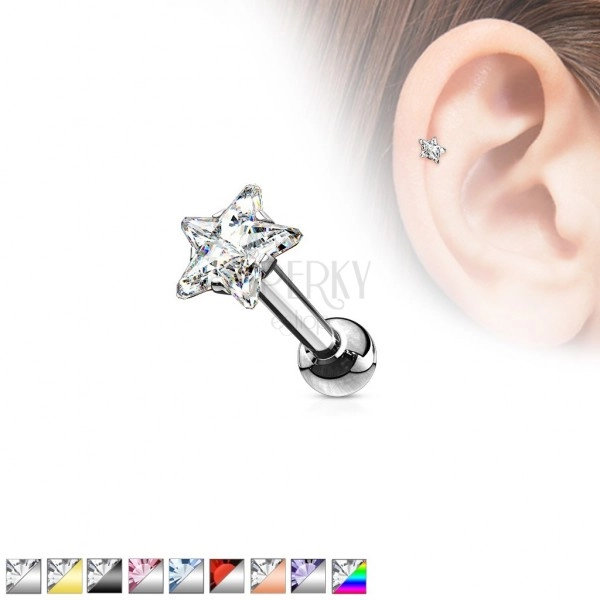 Jeklen piercing za uho - barven cirkon v obliki zvezde
