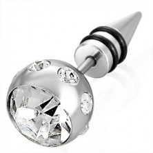 Imitacija piercinga v srebrni barvi z veliko kroglico s cirkoni, konica s črnimi obročki iz gume