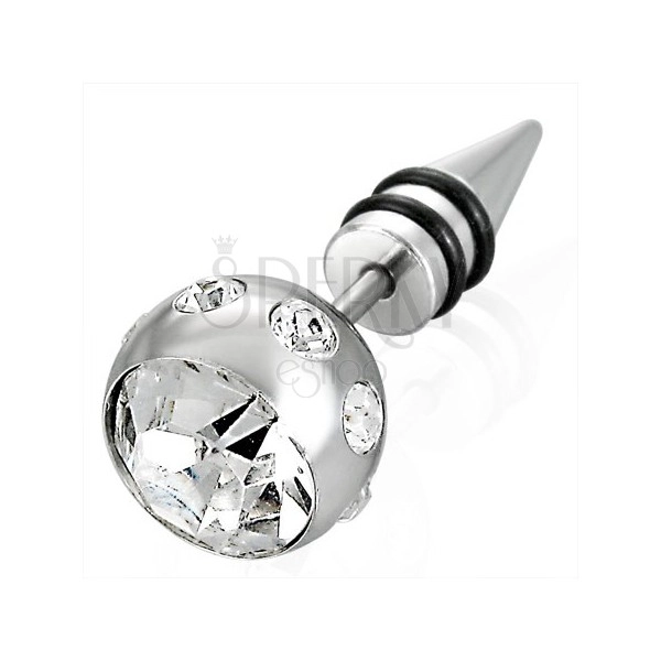 Imitacija piercinga v srebrni barvi z veliko kroglico s cirkoni, konica s črnimi obročki iz gume