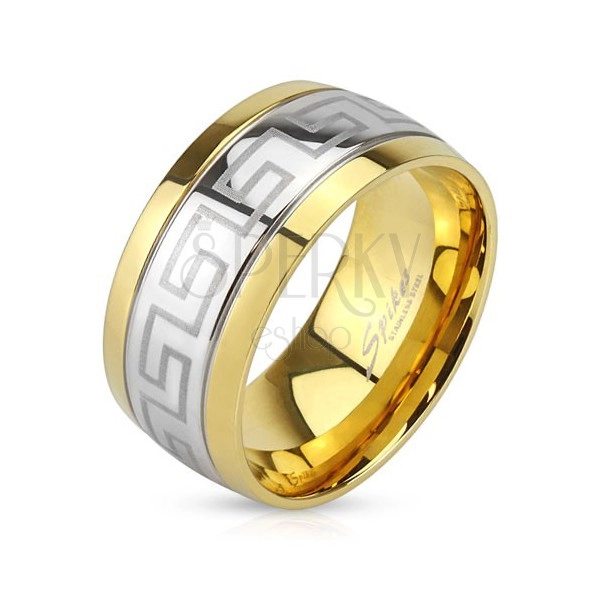 Jeklen prstan, pas z grškim vzorcem, robovi v zlati barvi