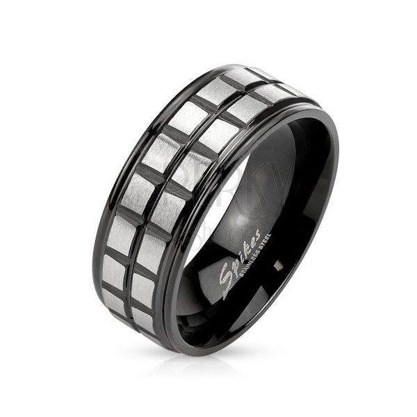 Črn jeklen prstan, dve vrsti mat srebrnih kvadratov