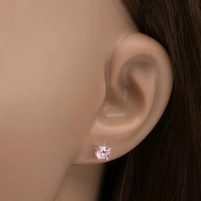 Vtični uhani iz srebra čistine 925 - okrogel rožnat kamen na podstavku