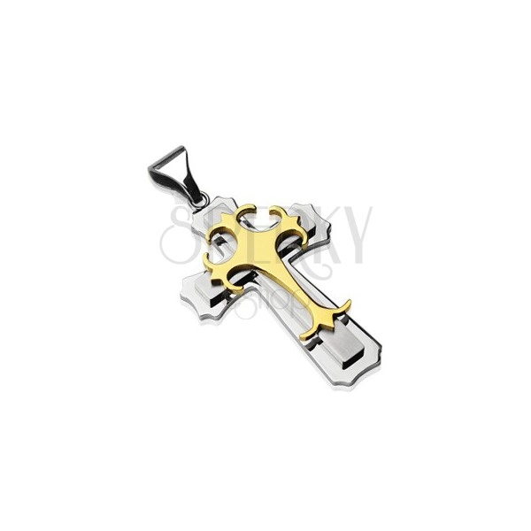 Obesek iz kirurškega jekla - trojni križ v zlati in srebrni barvi