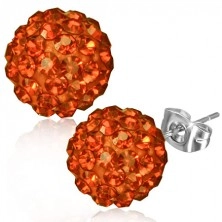 Jekleni uhani - oranžna šambala kroglica, brušeni kamenčki