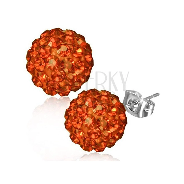 Jekleni uhani - oranžna šambala kroglica, brušeni kamenčki