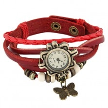 Zapestna ura, okrasna oblika, rdeč pleten pašček, okrasni valjčki