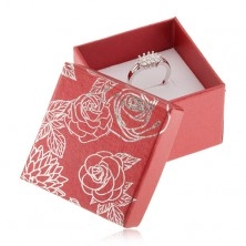 Rdeča darilna škatlica za nakit - motiv cvetlic v srebrni barvi