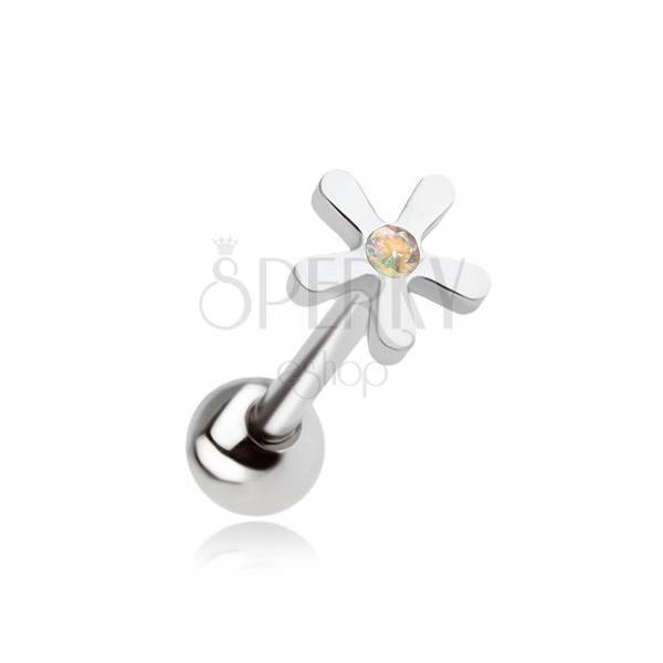 Jeklen piercing za jezik - cvetlica z mavričnim kamenčkom