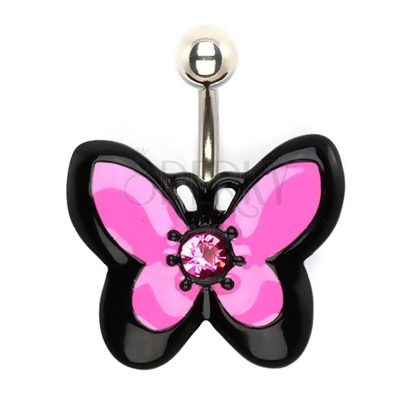 Piercing za popek iz jekla - črno rožnat metulj s cirkonom
