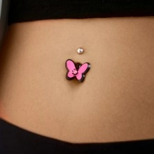 Piercing za popek iz jekla - črno rožnat metulj s cirkonom
