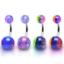 Jeklen piercing za popek - prozorni kroglici v treh barvah z bleščicami