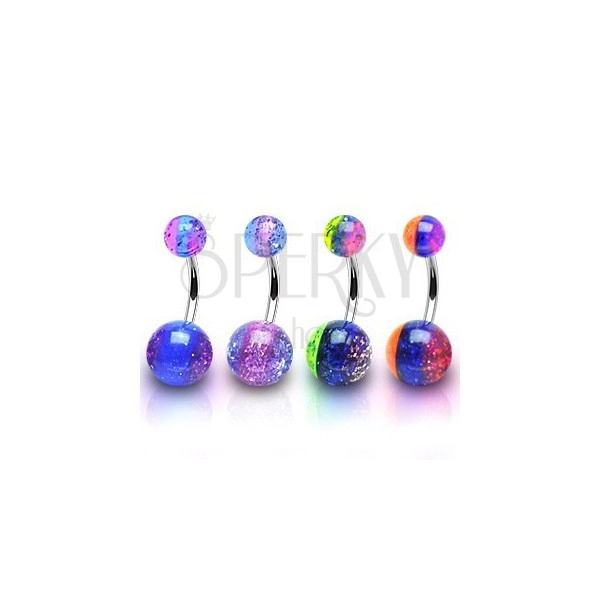 Jeklen piercing za popek - prozorni kroglici v treh barvah z bleščicami