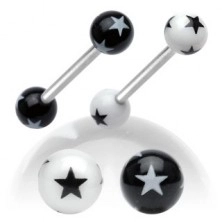 Jeklen piercing za jezik - črno beli akrilni kroglici z zvezdami